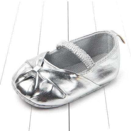 Toddler Girls Bow Shoes With Elastic Band Size 10 10cm - silver PU bow baby shoe for early walkers, elastic strap, soft flexible sole