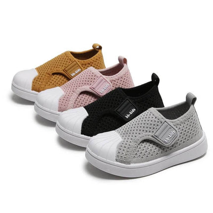 Toddler Kids Non Slip Soft Bottom Casual Stripe Sneakers breathable knit slip-on toddler shoes with PVC non-slip sole in grey pink black and mustard