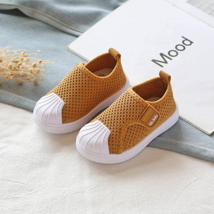 Toddler Kids Non Slip Soft Bottom Casual Stripe Sneakers breathable tan mesh slip-on toddler shoes with white PVC soft non-slip sole