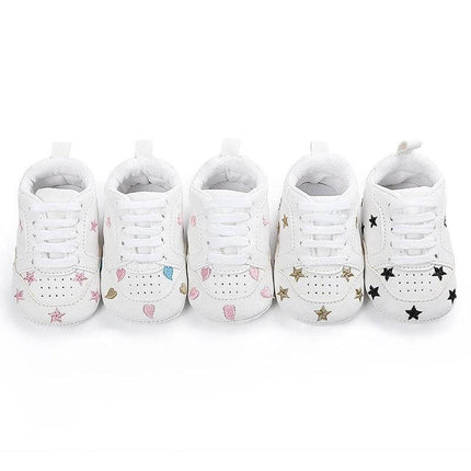 Toddler Low Top Sneakers Size 11cm Soft PU Upper For Everyday - white toddler sneakers with gold, pink, black and multicolor star/heart prints, front-tie closure