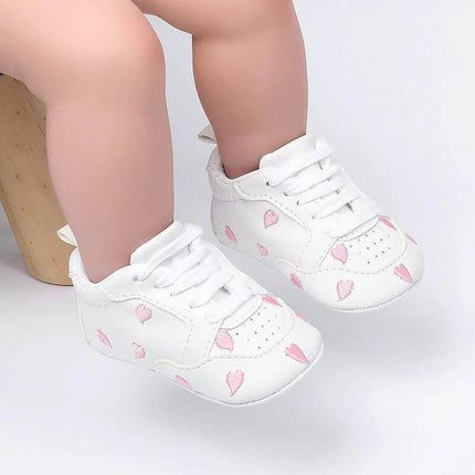 Toddler Low Top Sneakers Size 11cm Soft PU Upper For Everyday - white soft PU toddler sneakers with pink hearts, lace-up, flexible sole for early walkers