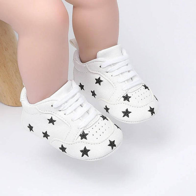 Toddler Low Top Sneakers Size 11cm Soft PU Upper For Everyday - white low-top infant sneakers with black star print, front-tie closure for early walkers