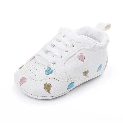 Toddler Low Top Sneakers Size 11cm Soft PU Upper For Everyday white toddler sneaker with pink blue gold heart prints, soft PU upper, front-tie closure