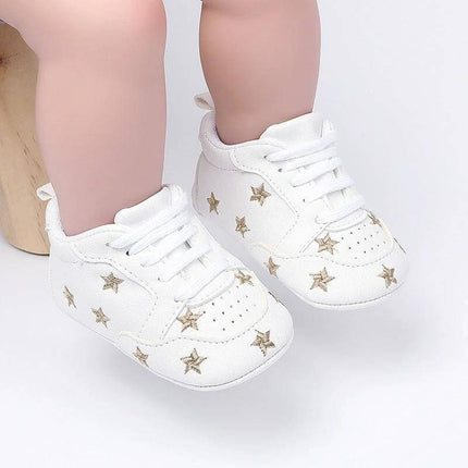 Toddler Low Top Sneakers Size 11cm Soft PU Upper For Everyday – white toddler sneakers with gold star print, soft PU upper and front-tie closure