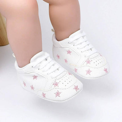 Toddler Low Top Sneakers Size 11cm Soft PU Upper For Everyday – white toddler low-top sneakers with pink star print, soft PU upper, front-tie closure