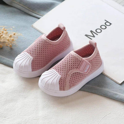 Toddler Kids Non Slip Soft Bottom Casual Stripe Sneakers in pink breathable mesh with white PVC non-slip sole, easy slip-on sleeve design for ages 1–6