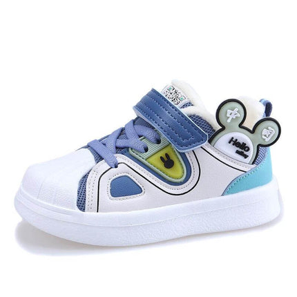 Toddler Quilted Cartoon Sneakers With Velcro Strap white blue breathable textile upper with EVA sole and cartoon ear charm, toddler first walker shoe