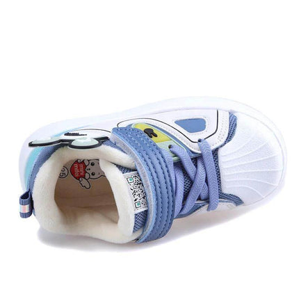Toddler Quilted Cartoon Sneakers With Velcro Strap - blue white breathable textile, single Velcro strap, thicker EVA sole for daycare and first walkers
