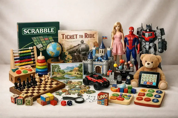 Assorted children's toys and board games displayed together: Scrabble, Ticket to Ride, chess, blocks, teddy bear, dolls, toy car, castle and educational toys