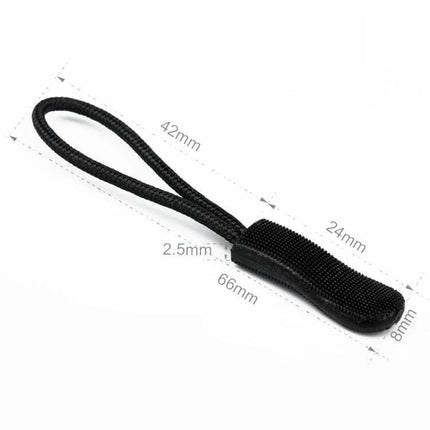 TPU Plastic Zipper Puller, 10-Pack for Jackets and Bags - black TPU pull with plastic head and polyester weave, dimensions shown