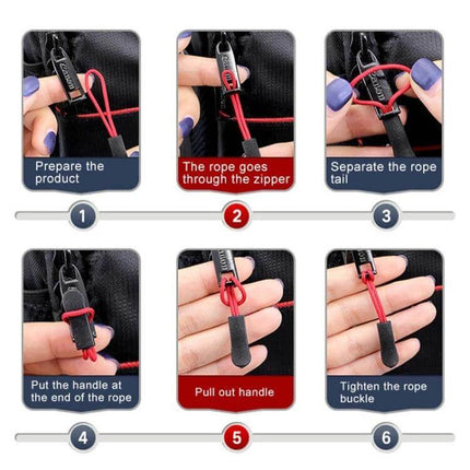 TPU Plastic Zipper Puller, 10-Pack for Jackets and Bags - step-by-step installation on backpack zipper with red TPU pullers