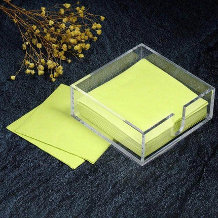 Transparent Acrylic Napkin Stand For Dining Table And Everyday Use - clear 3mm acrylic U-open napkin holder with yellow napkins on tabletop