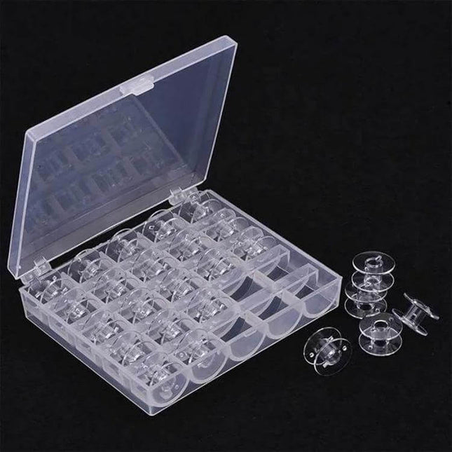 Transparent Bobbin Box for Sewing Machines Holds 25 Bobbins - clear plastic case with 25 individual bobbin slots visible