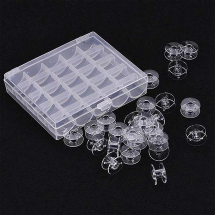 Transparent Bobbin Box for Sewing Machines Holds 25 Bobbins - clear plastic case with 25 individual bobbin slots and loose bobbins on black background