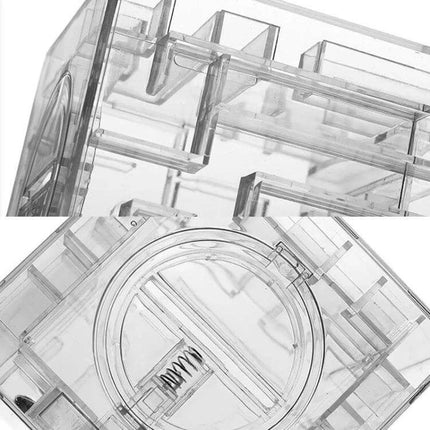 Transparent Money Maze Bank 3D Puzzle For Saving Coins showing clear PS maze interior, top coin slot and round locking door with spring mechanism
