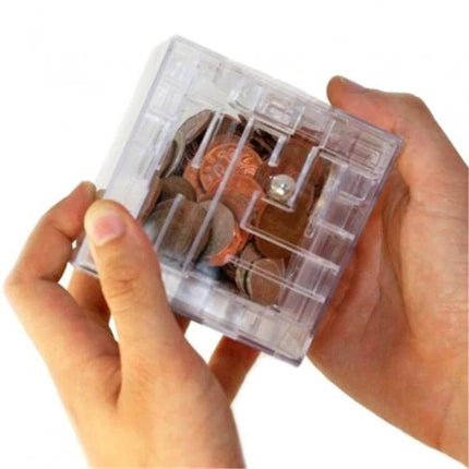 Transparent Money Maze Bank 3D Puzzle For Saving Coins held in hands showing transparent cube with coins and steel ball visible inside
