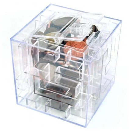 Transparent Money Maze Bank 3D Puzzle For Saving Coins - clear PS cube showing coins, top slot and interior steel ball maze for teaching saving habits