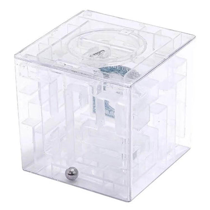 Transparent Money Maze Bank 3D Puzzle For Saving Coins - clear cube piggy bank with visible maze, coin slot and steel ball
