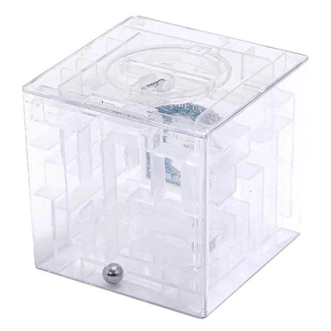 Transparent Money Maze Bank 3D Puzzle For Saving Coins - clear cube piggy bank with visible maze, coin slot and steel ball