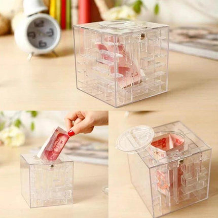 Transparent Money Maze Bank 3D Puzzle For Saving Coins - clear cube puzzle bank showing coins/bills slot and internal maze to teach saving habits