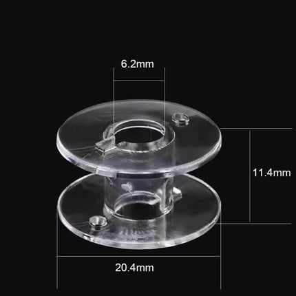 Transparent Bobbin Box for Sewing Machines Holds 25 Bobbins - clear plastic bobbin with dimensions 20.4mm x 11.4mm x 6.2mm, visible spool storage