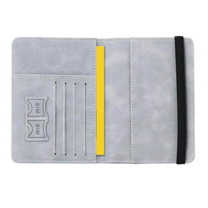 Travel Passport Card Bag With RFID Protection For Everyday Trips - gray PU leather passport card holder with 4 card slots, SIM pockets, elastic strap