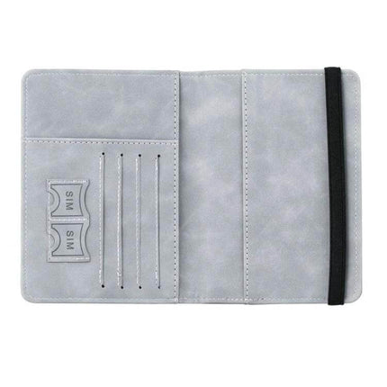 Travel Passport Card Bag With RFID Protection For Everyday Trips - gray PU leather passport card holder with 4 card slots, SIM pockets, elastic closure