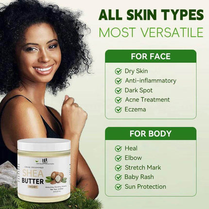 Tunmate Shea Butter 237g Body Moisturizer For Dry Skin jar with model and benefits list for face and body