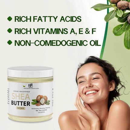 Tunmate Shea Butter 237g Body Moisturizer For Dry Skin jar with benefits listed (rich fatty acids, vitamins A E F, non-comedogenic) and smiling woman
