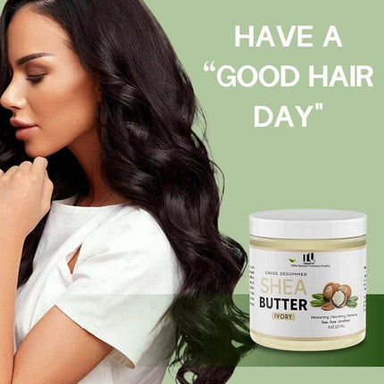 Tunmate Shea Butter 237g Body Moisturizer For Dry Skin jar beside model with long glossy hair and text "Have a Good Hair Day"
