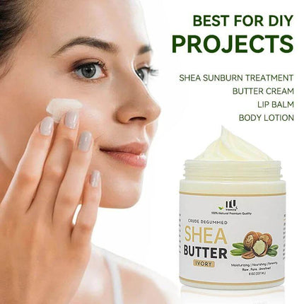Tunmate Shea Butter 237g Body Moisturizer For Dry Skin jar with woman applying cream to face, non-greasy shea butter for dry elbows knees and rough patches