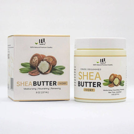 Tunmate Shea Butter 237g Body Moisturizer For Dry Skin jar and box on white background showing label and shea nuts