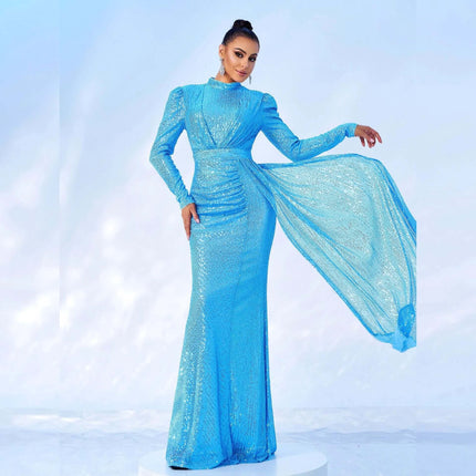 Sequined Banquet Dress Long Sleeve for Evening Events in shimmering sky blue with long sleeves and hip-skirt silhouette