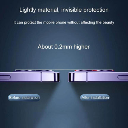 Tempered Glass Camera Lens Protector For iPhone Multi Lens showing 0.2mm height difference before and after installation, ultra-thin invisible protection