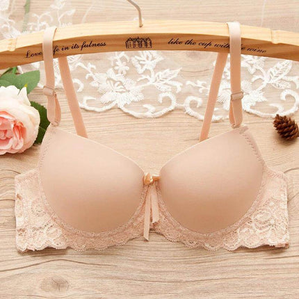Underwire Gathered Lace Bra For Small Bust With Rear Hook - nude thin molded cups, lace band, underwire support and decorative bow