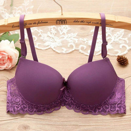 Underwire Gathered Lace Bra For Small Bust With Rear Hook purple lace thin molded cups underwire support decorative bow everyday low-profile silhouette