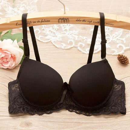 Underwire Gathered Lace Bra For Small Bust With Rear Hook - black thin molded cups, lace band, underwire support and small bow, everyday low-profile silhouette