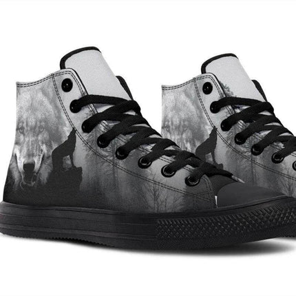 Unisex Printed High Top Canvas Shoes For Everyday Wear - black rubber high-top canvas with monochrome wolf print, lace-up casual streetwear