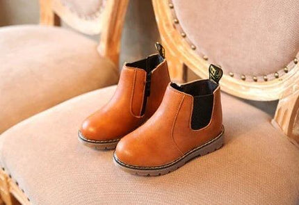 Alt Tag: Unisex Kids Casual Shoes Sizes 13.5-22 cm Cotton And Canvas - brown leather-look toddler ankle shoes on chair, breathable washable casual wear