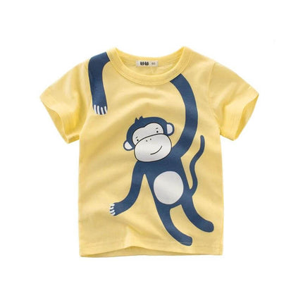 Unisex Kids Short Sleeve T Shirt 3 To 8 Years For Summer - yellow cotton tee with playful blue monkey print, soft 100% cotton casual summer top for kids