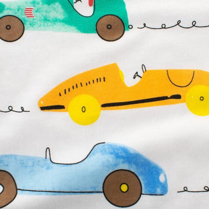 Unisex Kids Short Sleeve T Shirt 3 To 8 Years For Summer close-up of cotton tee with yellow, blue and green toy car prints
