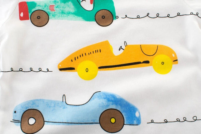 Unisex Kids Short Sleeve T Shirt 3 To 8 Years For Summer close-up of cotton tee with yellow, blue and green toy car prints