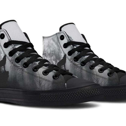 Unisex Printed High Top Canvas Shoes For Everyday Wear - black high-top canvas sneakers with wolf print, rubber toe cap, lace-up silhouette