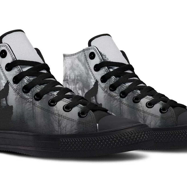 Unisex Printed High Top Canvas Shoes For Everyday Wear - black high-top canvas sneakers with wolf print, rubber toe cap, lace-up silhouette