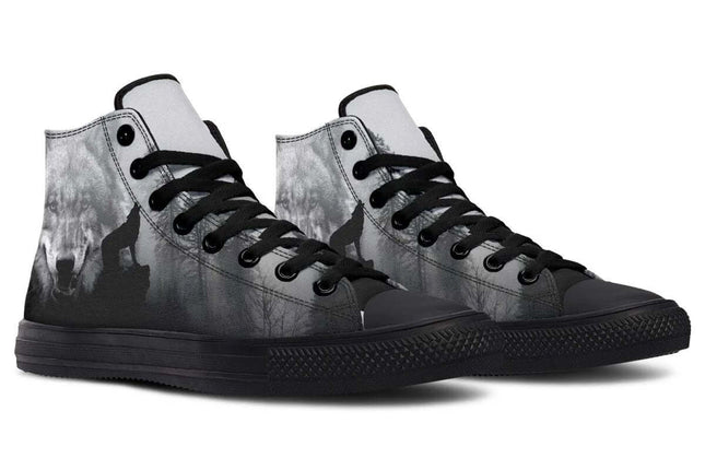 Unisex Printed High Top Canvas Shoes For Everyday Wear - black high-top canvas sneakers with wolf print, rubber toe cap, lace-up silhouette