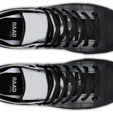 Unisex Printed High Top Canvas Shoes For Everyday Wear - black hand-printed high-top canvas sneakers with rubber toe cap, lace-up design, memory EVA footbed