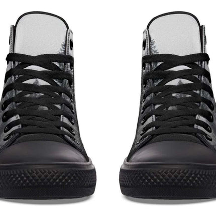 Unisex Printed High Top Canvas Shoes For Everyday Wear - front view black printed high-top canvas sneakers with laces and rubber toe cap