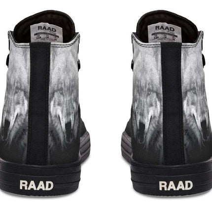 Unisex Printed High Top Canvas Shoes For Everyday Wear - rear view of hand-printed grey high-top canvas sneakers with RAAD logo