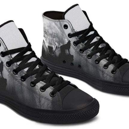 Unisex Printed High Top Canvas Shoes For Everyday Wear - black-gray hand-printed high-top canvas sneakers with rubber toe cap and memory EVA footbed