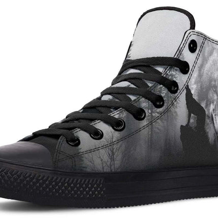 Unisex Printed High Top Canvas Shoes For Everyday Wear - black high-top canvas sneaker with wolf print, rubber toe cap and memory EVA footbed